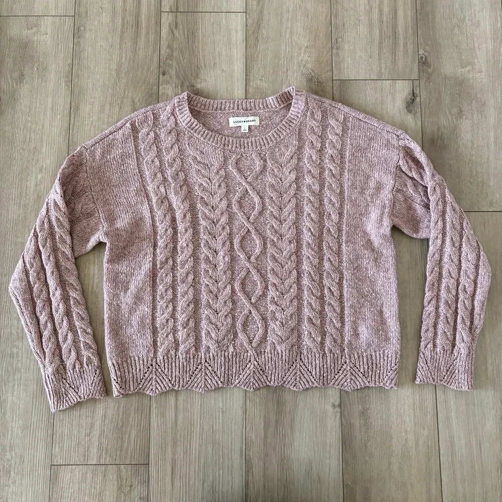 Lucky Brand Cable Knit Sweater Large Pink‎ Sparkle Dolman Sleeve Pullover